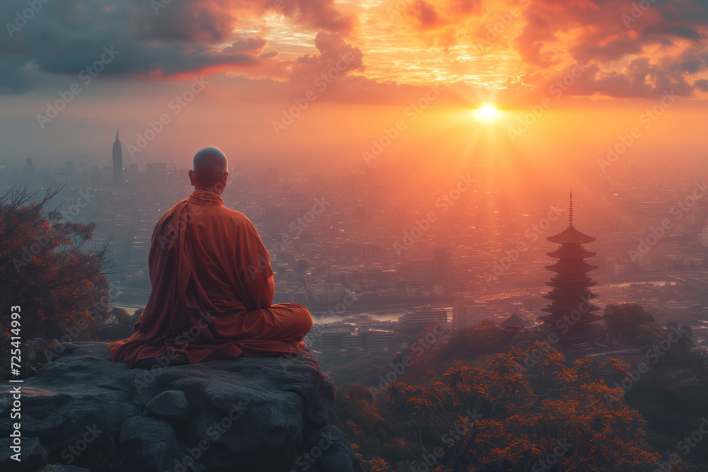 A monk meditates sitting on top of a cliff overlooking the city in the rays of the setting sun