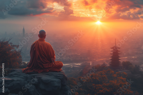 A monk meditates sitting on top of a cliff overlooking the city in the rays of the setting sun