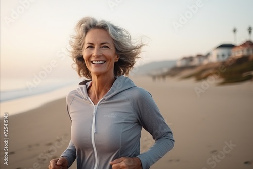 Portrait of happy senior woman jogging on beach at sunrise.