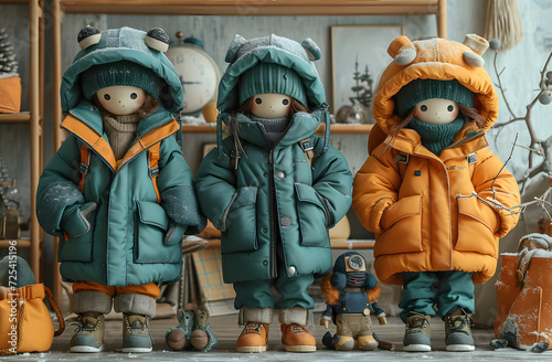 Three cute plush toys dressed in colorful winter jackets displayed on a shelf.