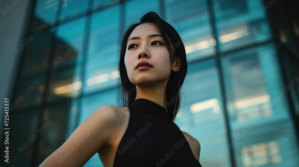 Asian women in black dress standing in front of Building. Asian women in black dress standing in front of Building.