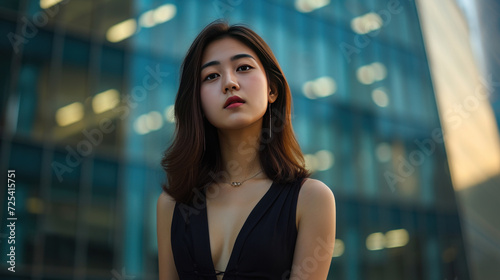 Free Download Hasselblad photography of Asian women in a black dress standing in front of the Building. - GFXLoad