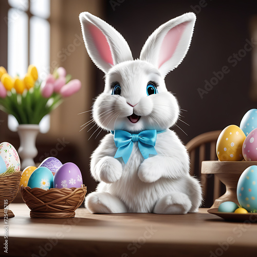 A happy Easter white rabbit is sitting on a table with colorful eggs. An Easter card.