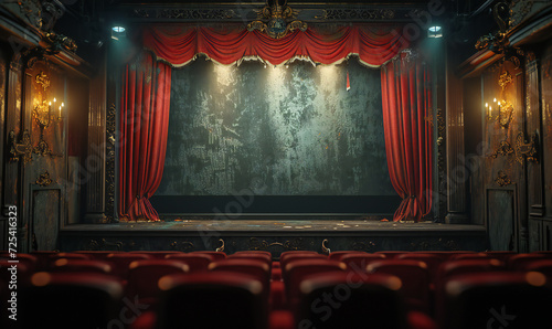 View of empty stage lighting of old theater or cinema with red seats.
