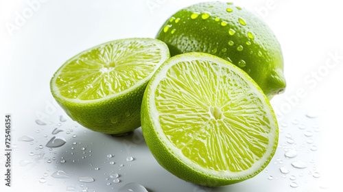 Natural fresh lime with sliced and water droplets isolated on white background.
