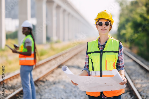 Portrait engineer women on railway tracks construction site with blueprint roll working project manager in suburb transportation line