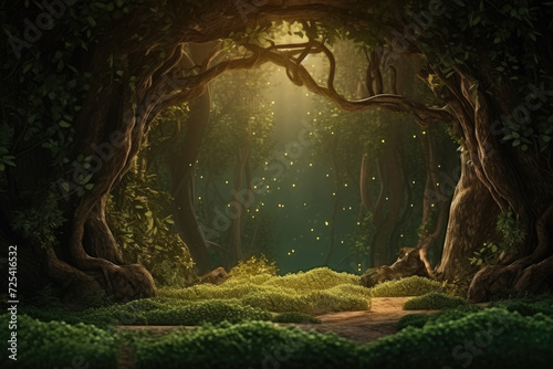 Magical forest with light and sparkle effects, creating an atmosphere of magic and mystery. Futuristic landscape background.