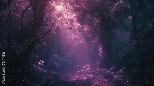 Magical forest with neon light and magical effects, creating an atmosphere of magic and mystery. Futuristic landscape background.