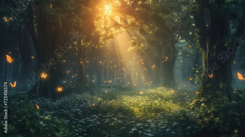 Magical forest with luminous butterflies, sun light and magical effects, creating an atmosphere of magic and mystery. Futuristic landscape background. photo
