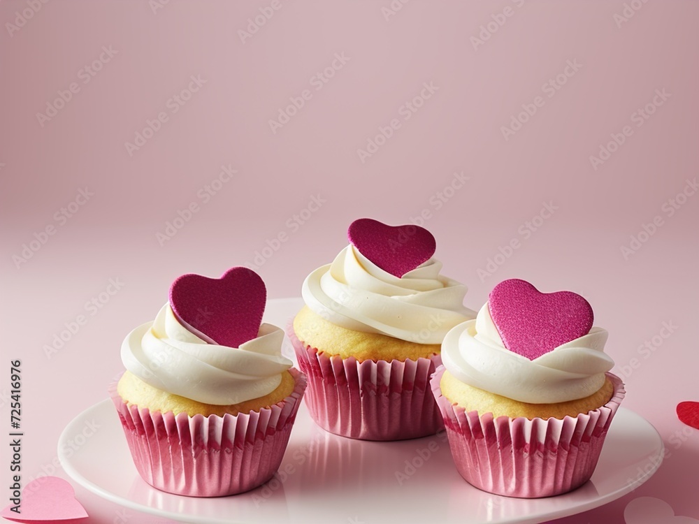Close-up of three delicious cupcakes with cream and hearts on a pink background, a place for text. Valentine's day background.