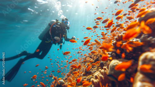 Professional Scuba Diver Exploring Adventure the Blue Ocean, Observing Fishes and Corals