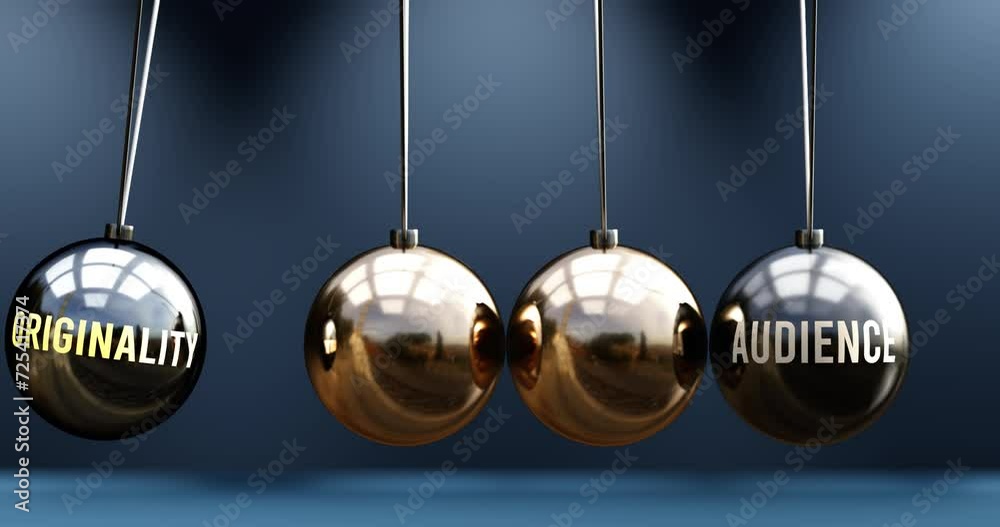 Originality leads to audience. A Newton cradle metaphor in which originality gives power to set audience in motion. Cause and effect relation between originality and audience. Can be looped Originality leads to audience. A Newton cradle metaphor in which originality gives power to set audience in motion. Cause and effect relation between originality and audience. Can be looped