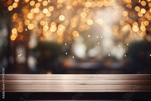 Wooden table spa bokeh background, empty wood desk product display mockup with relaxing wellness massage salon blurry abstract backdrop, body care cosmetic ads presentation. Mock up, copy space .