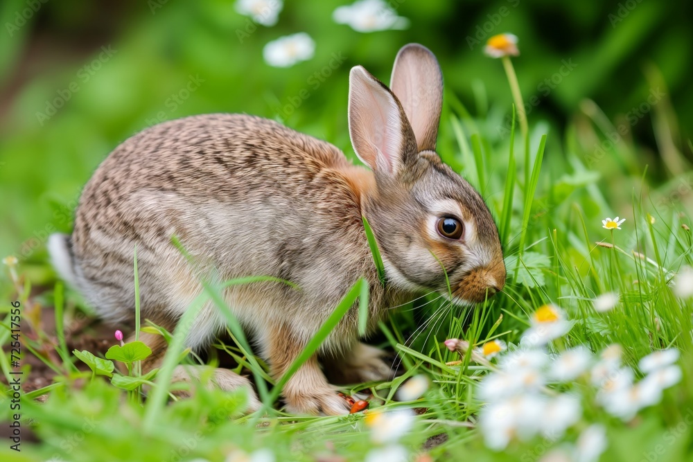 Fototapeta premium rabbit nibbling food, green grass and flowers around