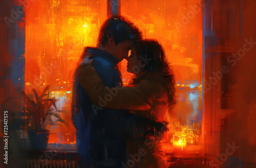 Romantic couple embracing by a window with warm orange light, conveying intimacy and love.