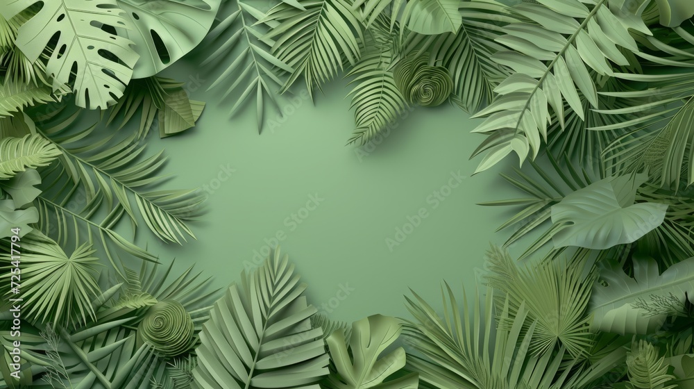 Green Tropical Leaf Frame on Pastel Background