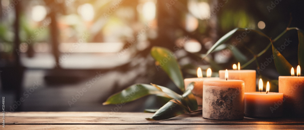 Wooden table spa bokeh background, empty wood desk product display mockup with relaxing wellness massage salon blurry abstract backdrop, body care cosmetic ads presentation. Mock up, copy space . Wooden table spa bokeh background, empty wood desk product display mockup with relaxing wellness massage salon blurry abstract backdrop, body care cosmetic ads presentation. Mock up, copy space .