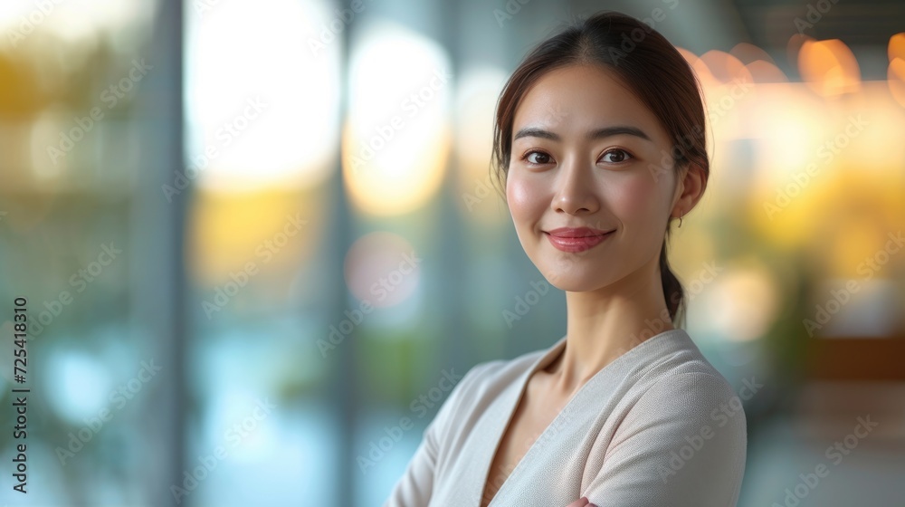 smiling businesswoman with suit in the office with sunset smiling businesswoman with suit in the office with sunset