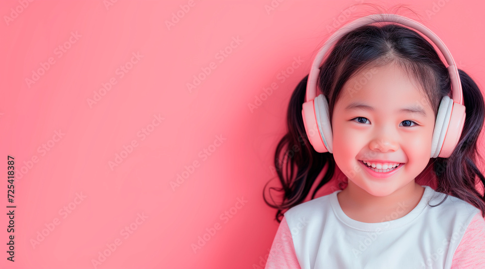 a young asian girl with headphones on in front of a pink backdrop , happy facial expression a young asian girl with headphones on in front of a pink backdrop , happy facial expression