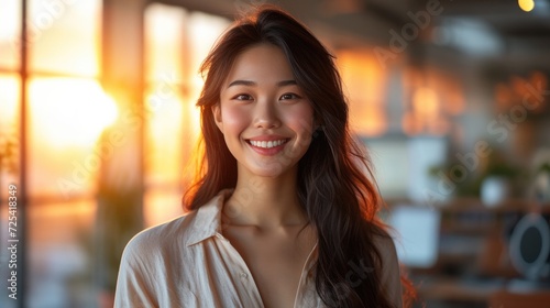 smiling businesswoman with suit in the office with sunset