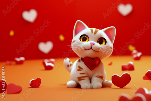 Cute cat in love sitting on a festive background with confetti. Greeting card for Valentine's Day in the style of 3D clay animation.