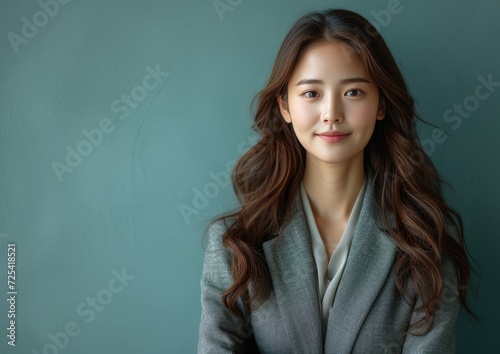 businesswoman, happy smiling Asian female, wearing suit, light clean background