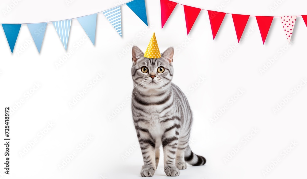 American shorthair cat wearing a yellow birthday party hat with red and blue party flags in the background. Birthday banner with space for copy text.
