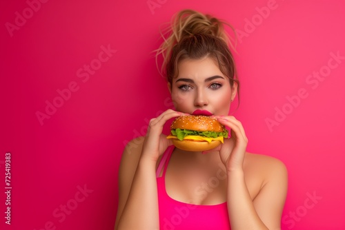 Studio photo of a gorgeous curvy young woman in fitness clothes eating a delicious burger on a magenta background photo