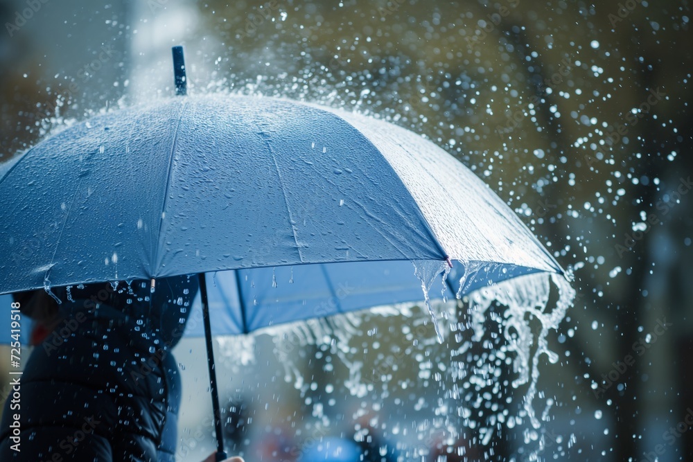person testing umbrella durability in simulated rain - obrazy, fototapety, plakaty 