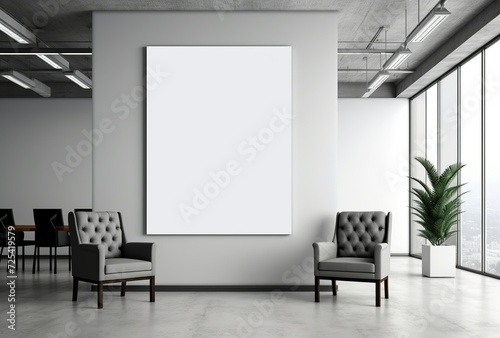 An empty white poster frame enhances the contemporary ambiance of the meeting room. Made with generative AI technology