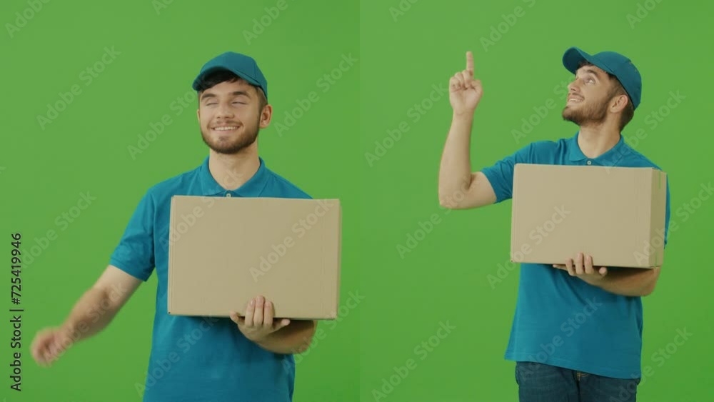Green Screen Portrait of a Delivery Person in Uniform Holds Cardboard Boxes and Smiles. Courier Working in Logistics Distribution Center, Delivering Online Orders. Great delivery service. Green Screen Portrait of a Delivery Person in Uniform Holds Cardboard Boxes and Smiles. Courier Working in Logistics Distribution Center, Delivering Online Orders. Great delivery service.
