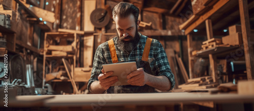 Carpenter using a tablet computer while working in the carpentry workshop.