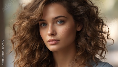 Close-up portrait of a girl with curly brown hair in natural light
