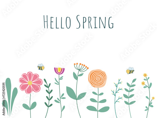 Spring card with bees, flowers, herbs and inscription. Hello spring handwritten text. Cute botanical floral design with coligraphy, vector illustration