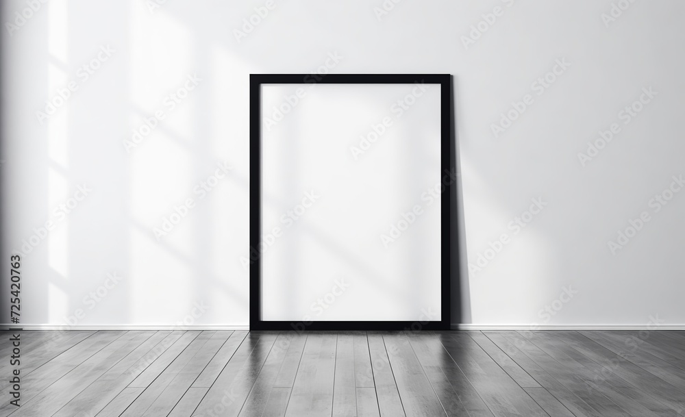 Empty white poster frame on wooden floor. Made with generative AI technology Empty white poster frame on wooden floor. Made with generative AI technology