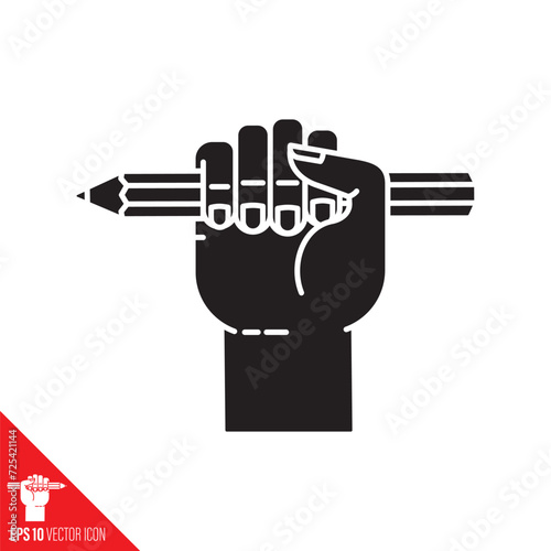 Fist holding pencil vector glyph icon