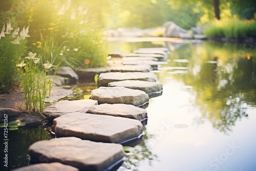 stepping stones across a serene pond photo