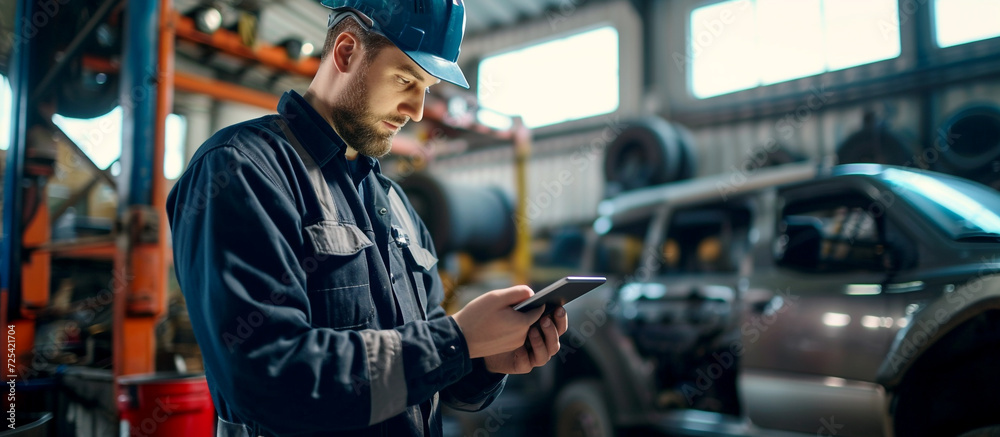 Mechanic using a tablet computer while working fixing a car in the garage.