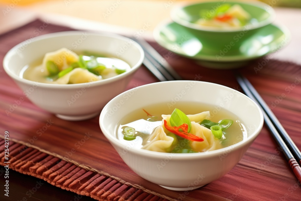 bowls of wonton soup with green onion garnish bowls of wonton soup with green onion garnish