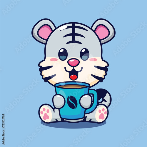 white tiger with hot coffee cartoon vector illustration. 