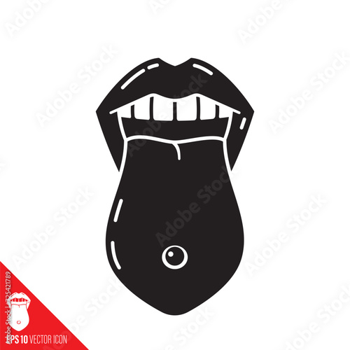 Female mouth, tongue with piercing sticked out vector glyph icon