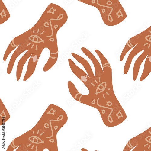 Boho pattern with mystic hand with sacral symbols. Vector illustration isolated. 