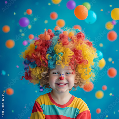 A Happy Little Girl, Radiant in a Clown Is, Surrounded by an Array of Colorful Balloons, Creating a Playful and Joyful Scene Against a Vibrant Blue Background