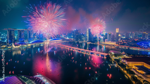 An aerial view of a city skyline illuminated by a spectacular fireworks show during a festive event