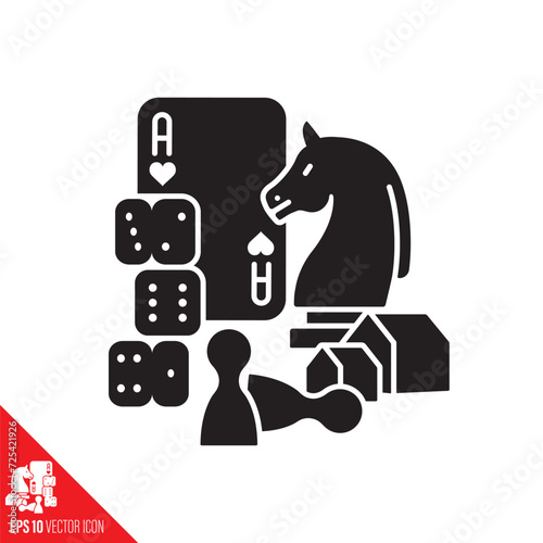 Variety of table top game pieces vector glyph icon