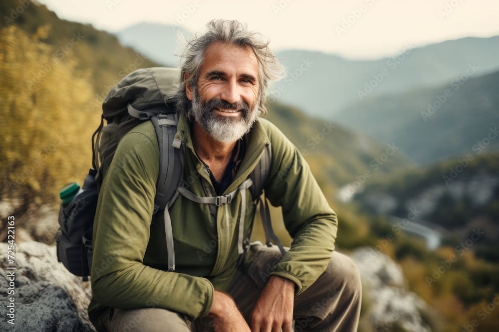 Handsome senior hiker sitting on top of a mountain and looking at camera