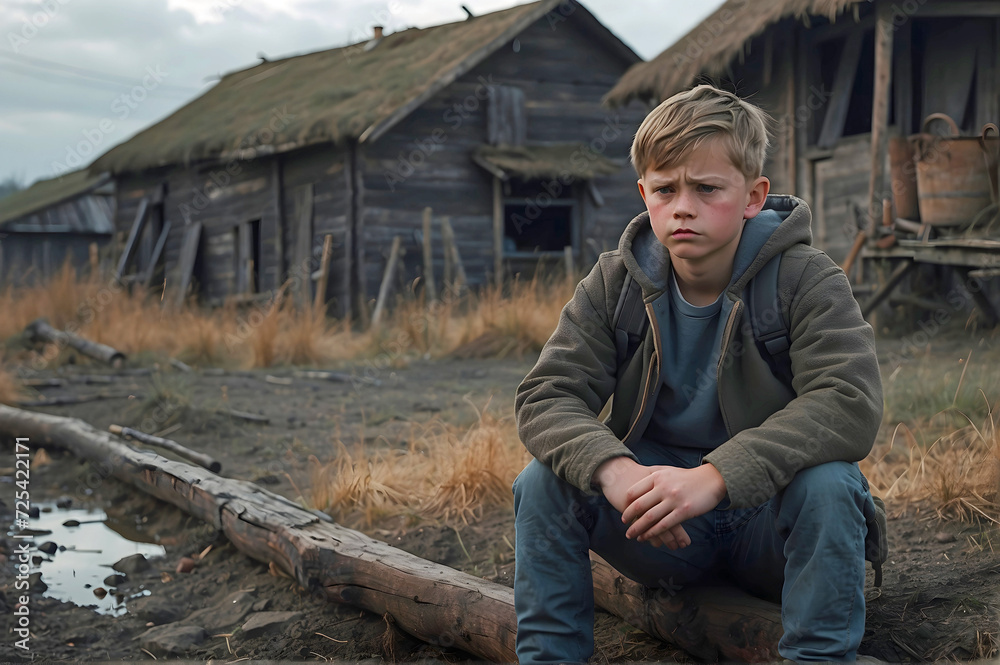Sad Worried and Depressed Young Man Sitting Alone on an Old Rustic Farm Generative AI
