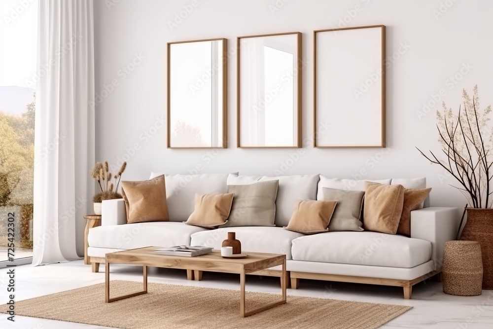 Empty white poster frames hang on a white wall above a beige sofa in a living room. Made with generative AI technology Empty white poster frames hang on a white wall above a beige sofa in a living room. Made with generative AI technology