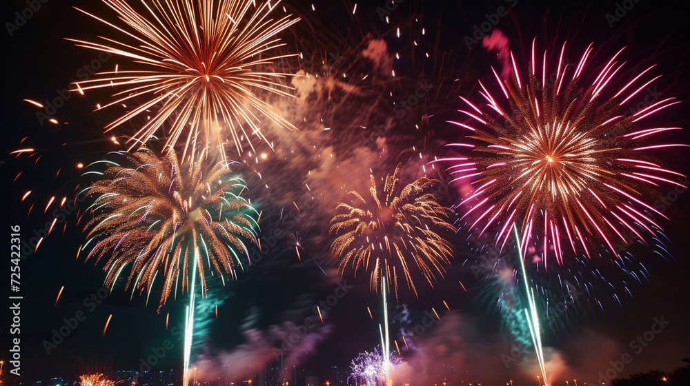 Fototapeta premium Multiple fireworks exploding simultaneously, creating a dynamic and breathtaking visual display in the sky