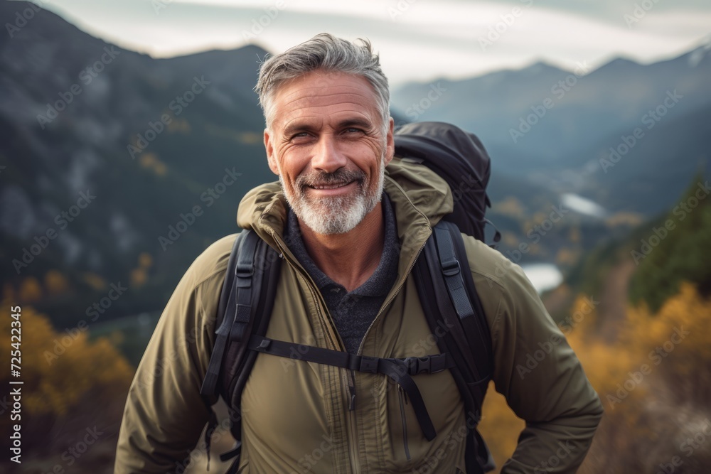 Portrait of a senior man with a backpack standing in the mountains.